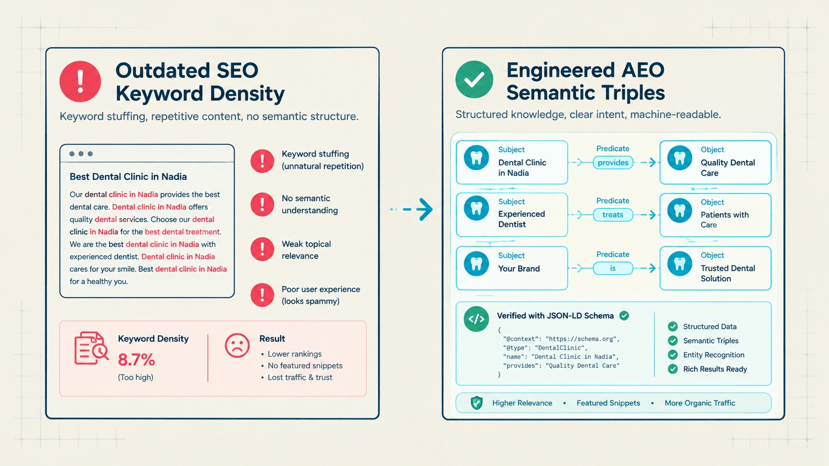 Figure 2: Technical Performance Audit: Outdated Keyword Density vs. Engineered AEO Semantic Triples.