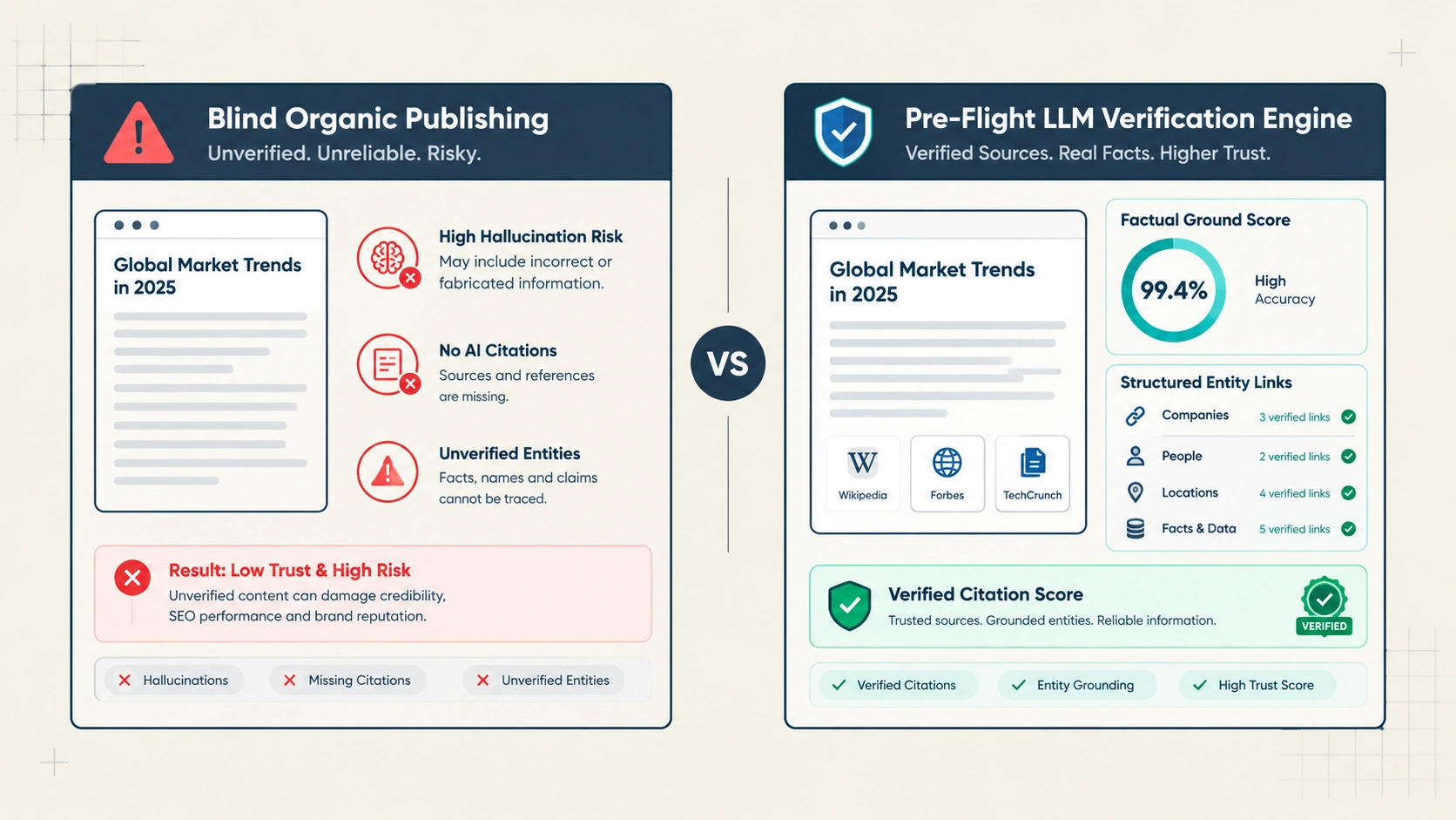 Figure 2: Performance Audit: Blind Organic Publishing vs. Verified LLM Content Grounding.