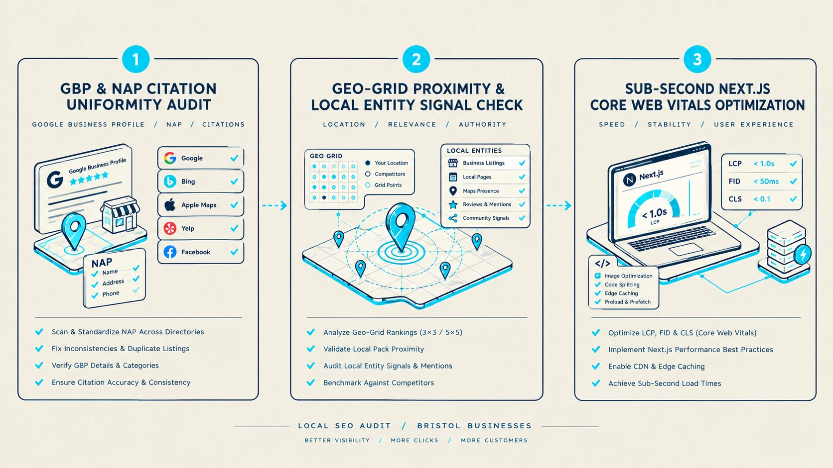 Figure 1: 10-Point Local SEO Diagnostic Pipeline: Verification, Entity Signals, and Mobile Speed.