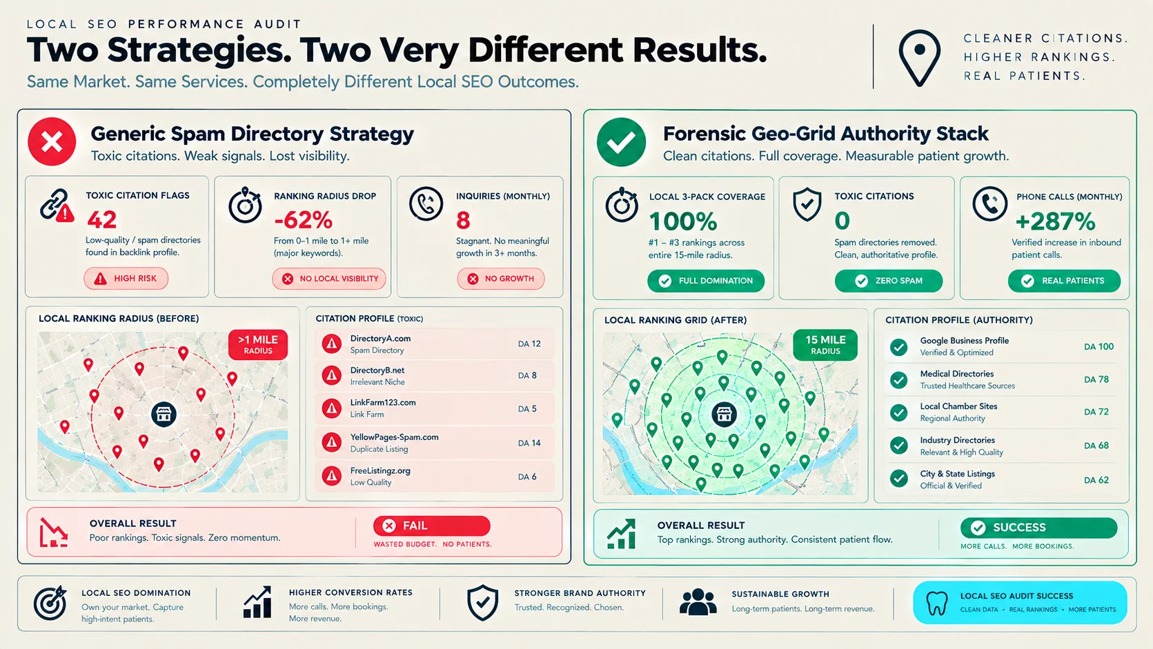 Figure 2: Performance Audit: Toxic Directory Spam vs. Forensic Geo-Grid Proximity Architecture.