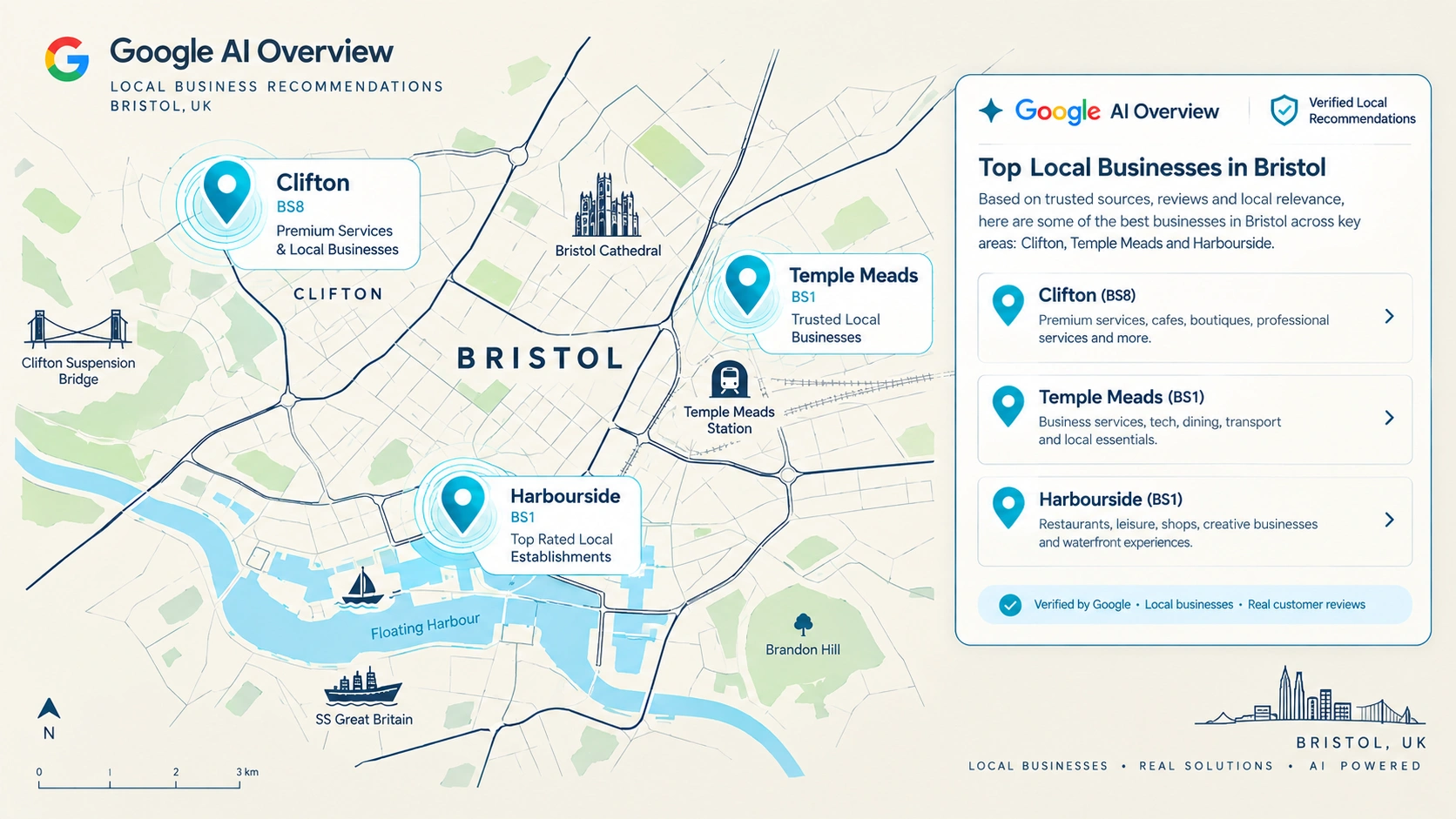 Figure 3: Bristol Local Proximity & AI Overview Geo-Grid Coverage across Clifton and Temple Meads.