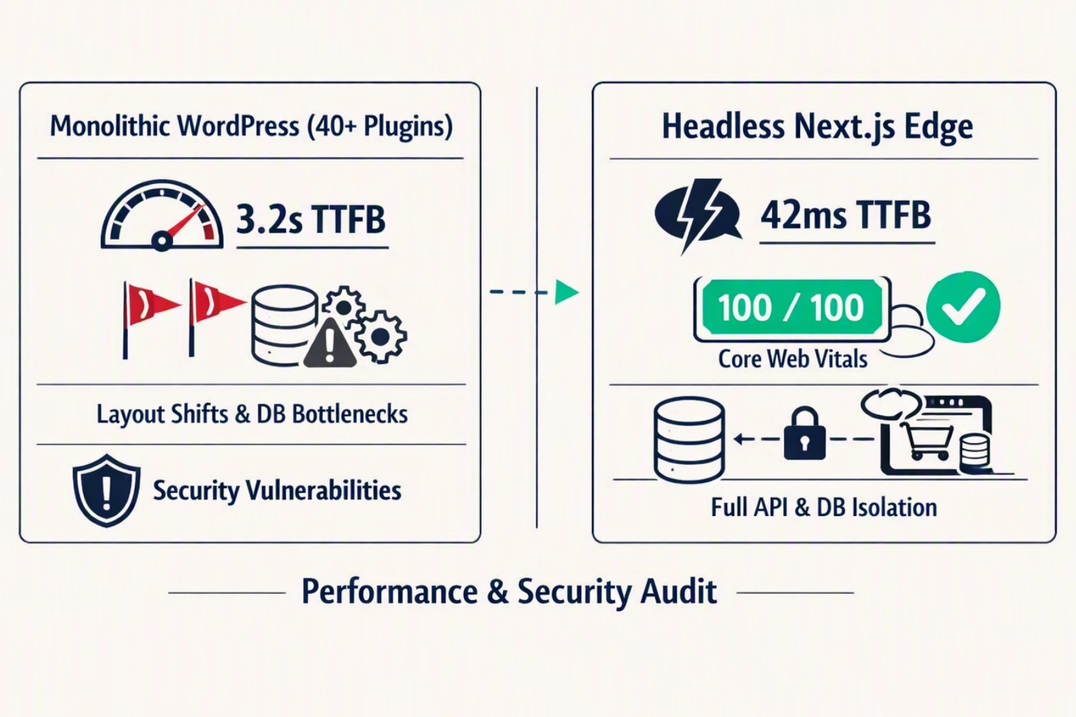Figure 2: Performance Audit: Bloated Monolithic WooCommerce vs. Sub-80ms Headless Next.js Edge Architecture.