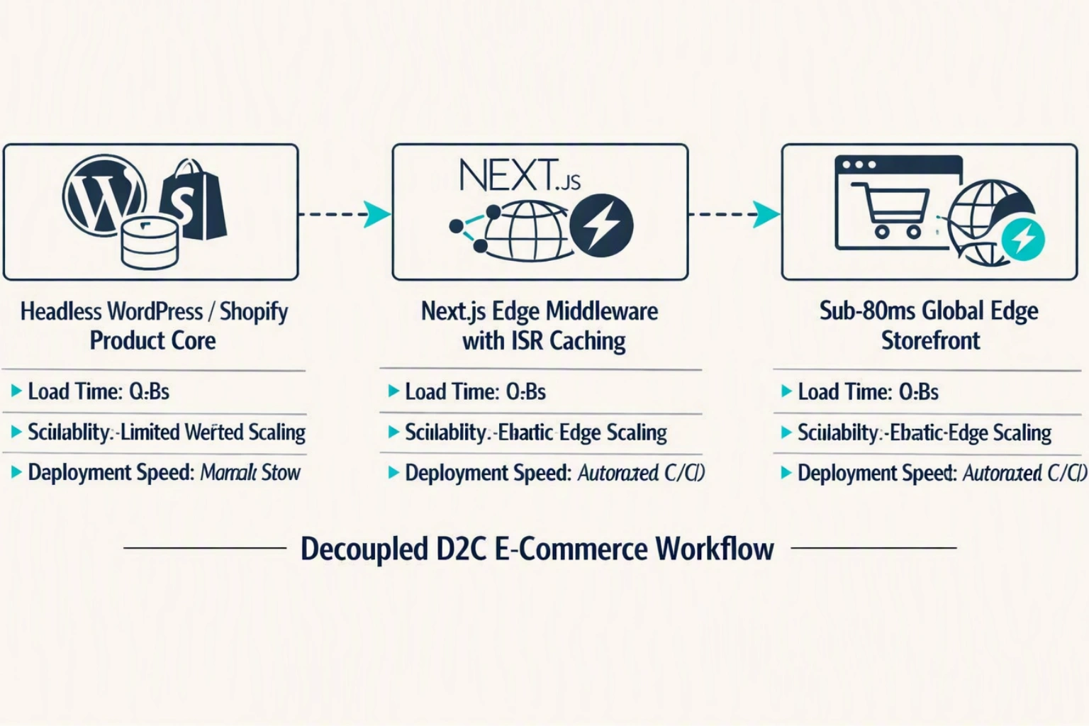 Figure 1: Decoupled Headless Commerce Architecture routing catalog data through edge-cached Next.js nodes.