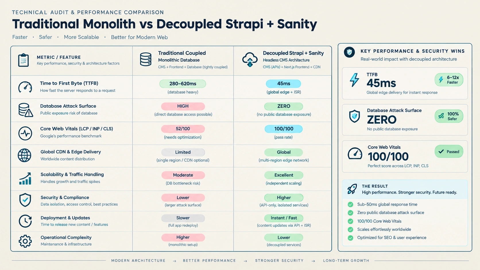 Figure 2: Performance Audit: Legacy Monolithic WordPress vs. Decoupled Next.js Headless Stacks.