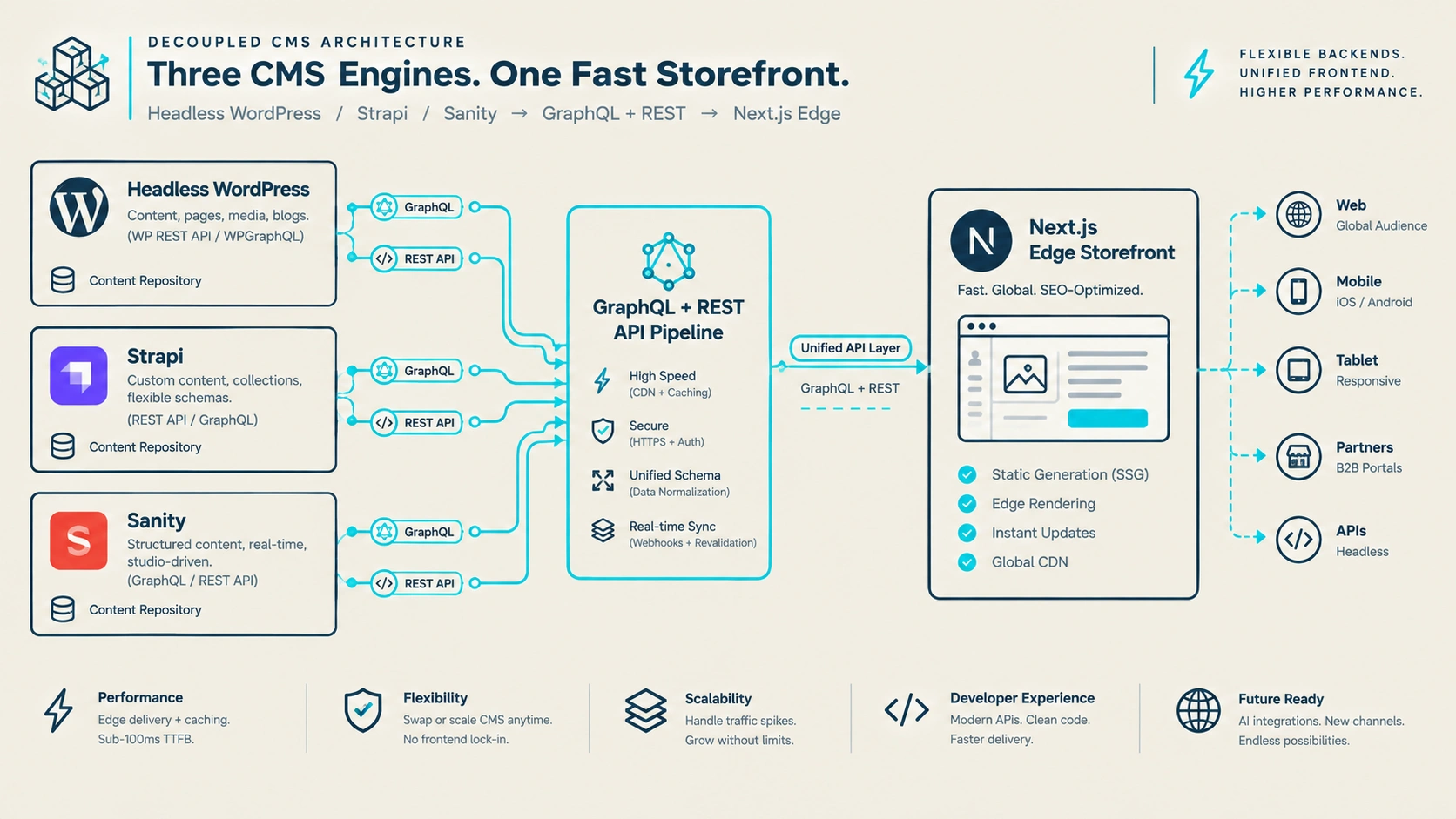 Modern WordPress Alternatives: Decoupled CMS Architectures Built for Speed Technical Architecture Diagram