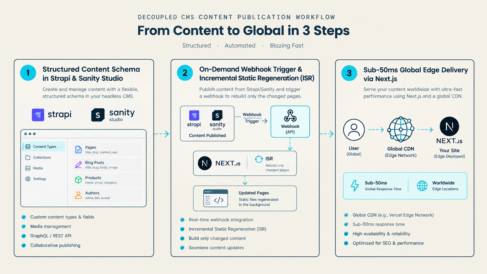 Figure 1: Decoupled Multi-CMS Ingestion Pipeline syncing content across Next.js Edge Servers.